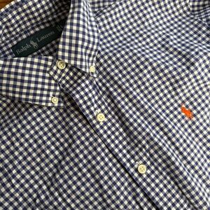 Ralph Lauren Gingham Blue‎ White Button Down Shirt Orange Pony Logo Men Large
